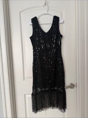 Black sequin flapper fringe dress
